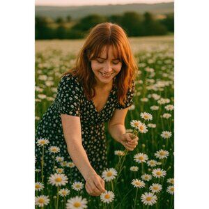 POPYOUNG Women's XL Black Floral Daisy‎ Print Short Sleeve V Neck Tunic Top